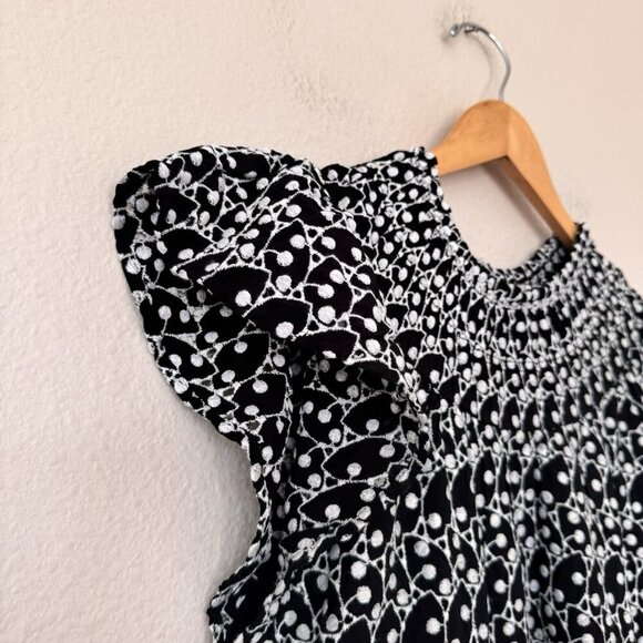 LOFT Womens Embroidered Eyelet Smocked Yoke Mini Swing Dress Black White Size M - Picture 3 of 9
